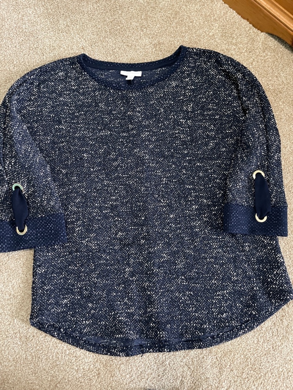 Charter Club Navy Metallic Thread Knit Top with Grommet Sleeve Detail